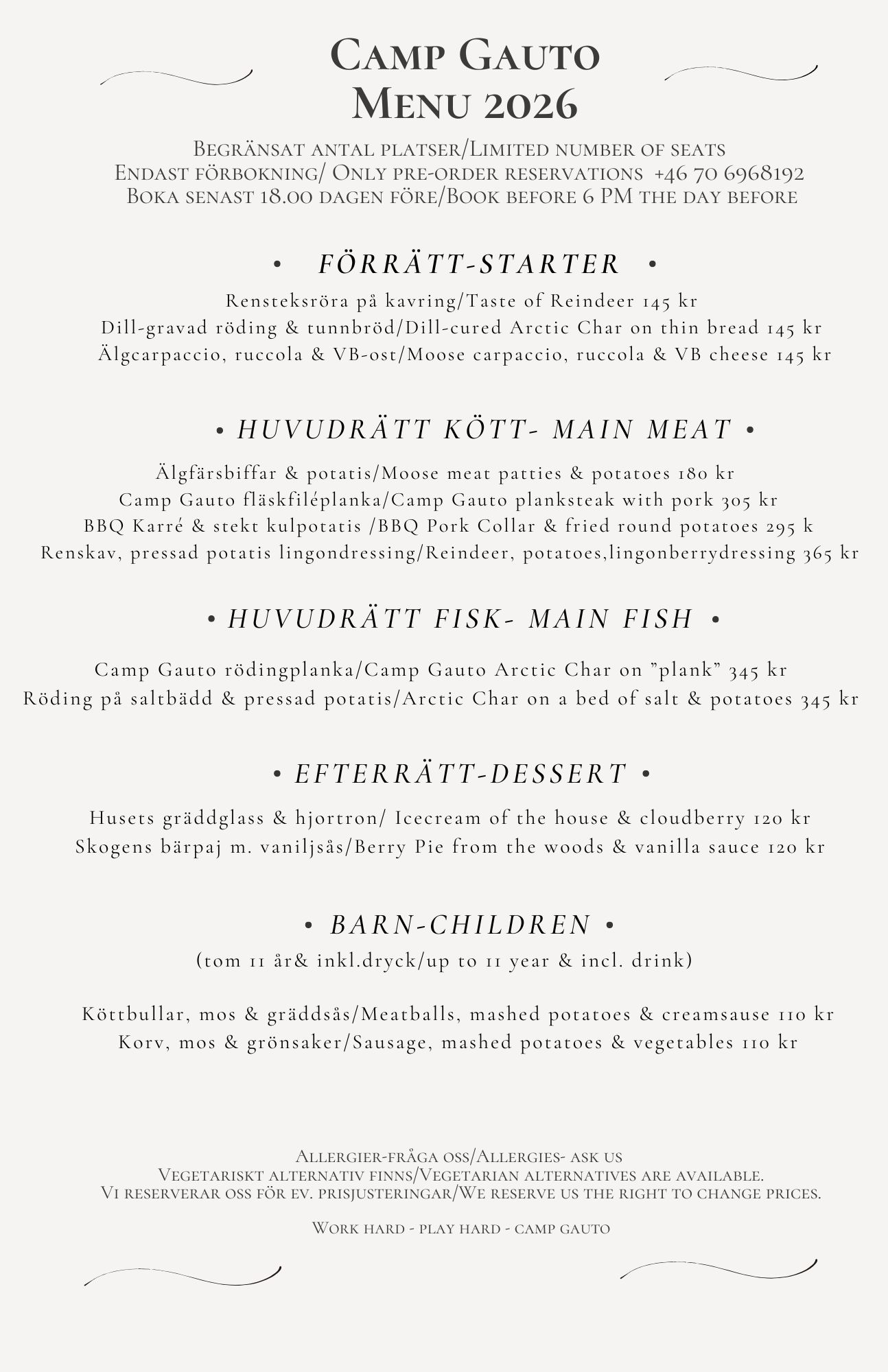 Winter dinner menu 2026